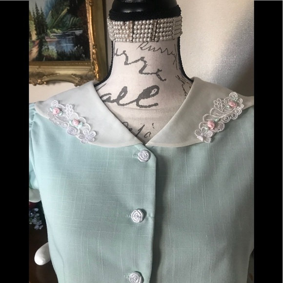 ❤️ Rare Vintage sage 2-piece Swiss Rose Collar Dress‼️FINAL SALE - Picture 8 of 11